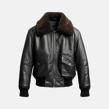 Men's Black G1 Leather Flight Bomber Jacket, front view
