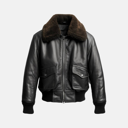 Men's Black G1 Leather Flight Bomber Jacket, front view