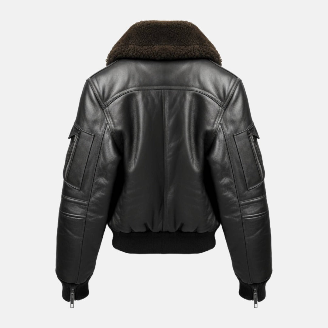 Men's Black G1 Leather Flight Bomber Jacket, back view