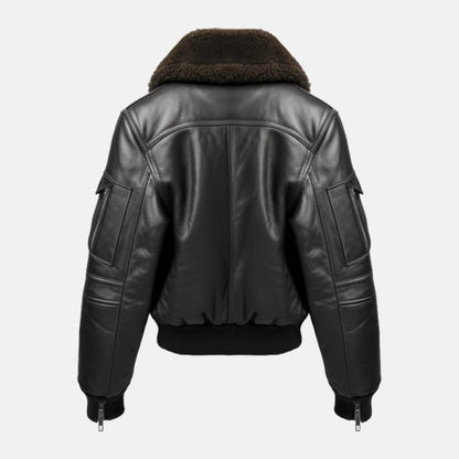 Men's Black G1 Leather Flight Bomber Jacket, back view