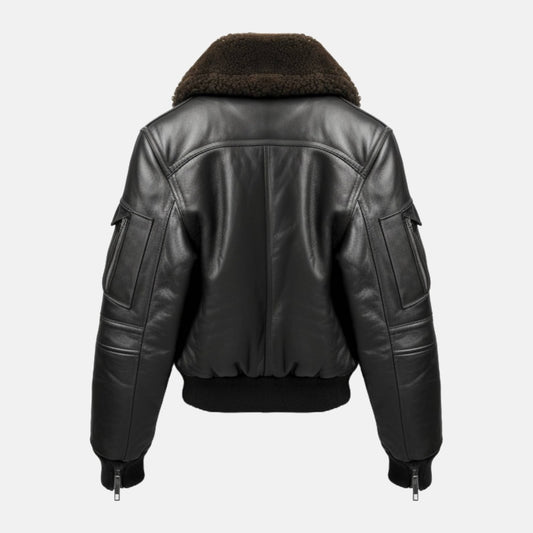 Men's Black G1 Leather Flight Bomber Jacket, back view