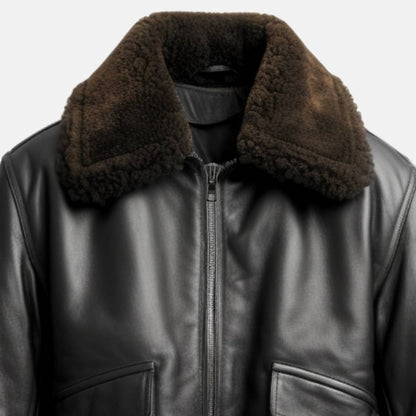 Men's Black G1 Leather Flight Bomber Jacket, close-up of faux fur collar