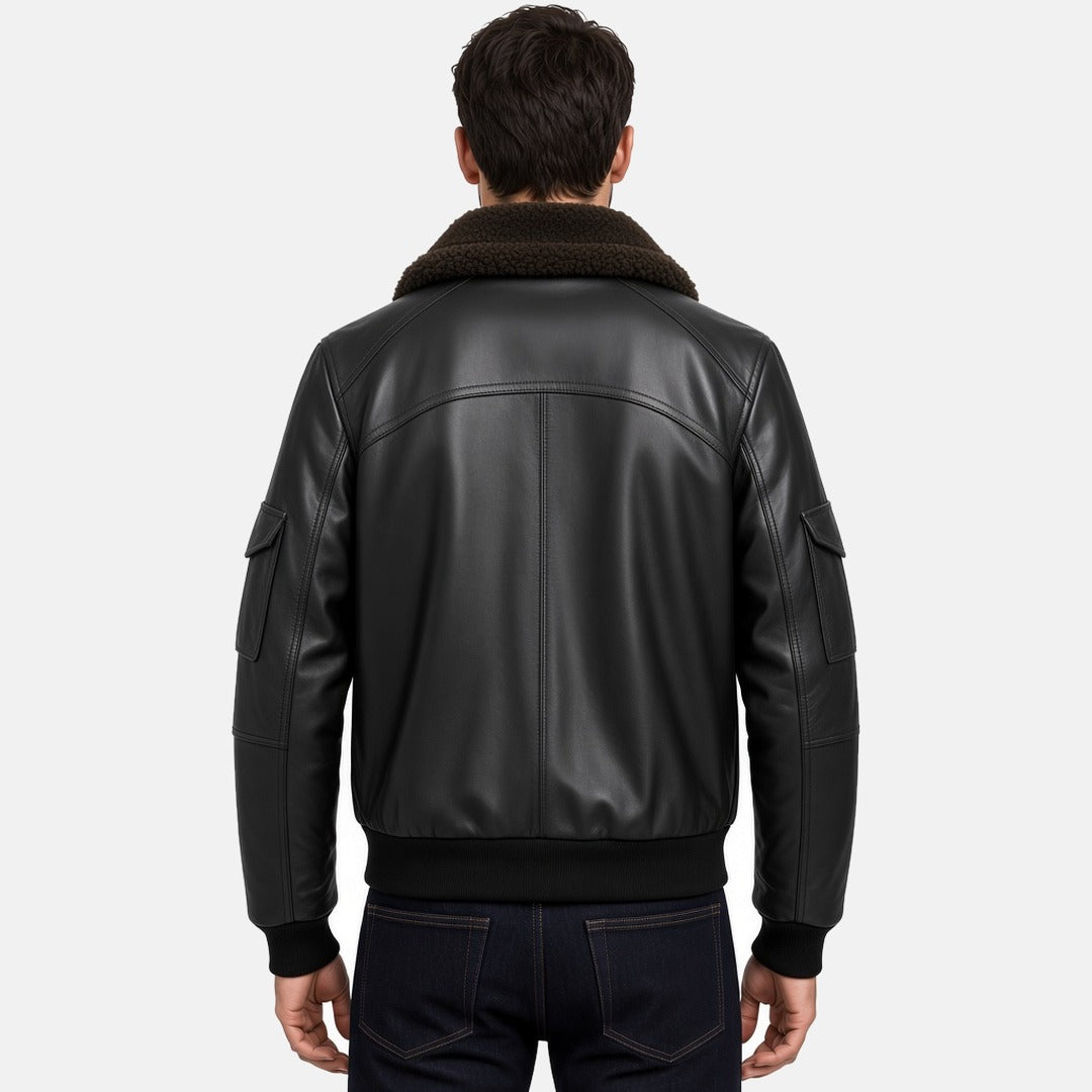 Men's Black G1 Leather Flight Bomber Jacket, back view on model