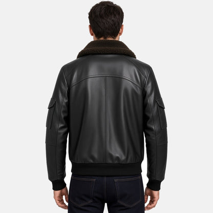 Men's Black G1 Leather Flight Bomber Jacket, back view on model
