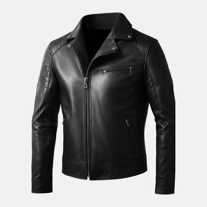 Men's Black Leather Biker Jacket with Snap Collar, front view