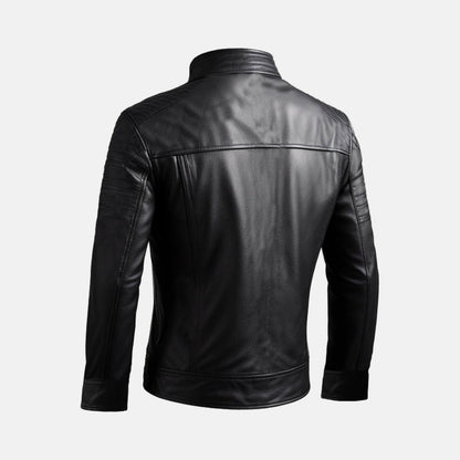 Men's Black Leather Biker Jacket with Snap Collar, back view