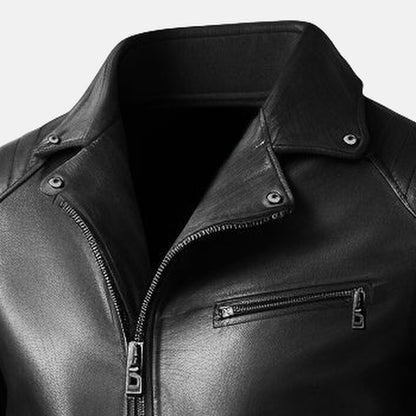 Men's Black Leather Biker Jacket with Snap Collar, close-up of snap-down lapel collar