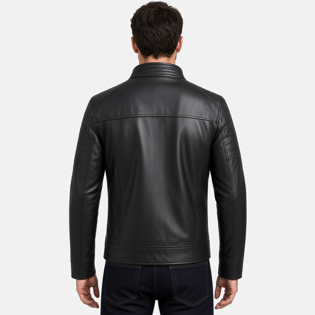 Men's Black Leather Biker Jacket with Snap Collar, back view on model