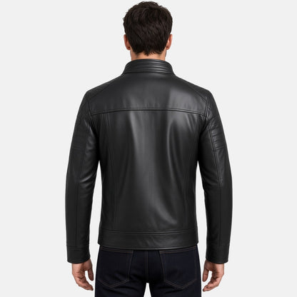 Men's Black Leather Biker Jacket with Snap Collar, back view on model