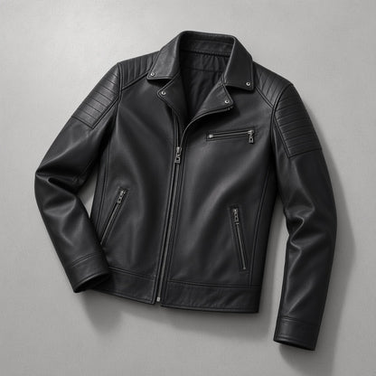 Men's Black Leather Biker Jacket with Snap Collar, flat lay on grey concrete