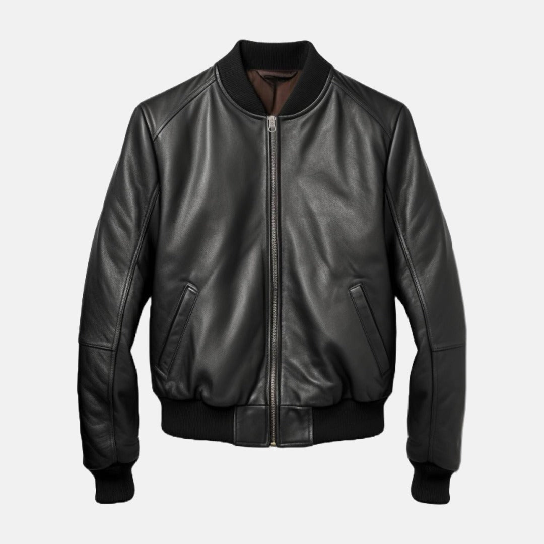 Men's Black Leather Bomber Jacket, front view