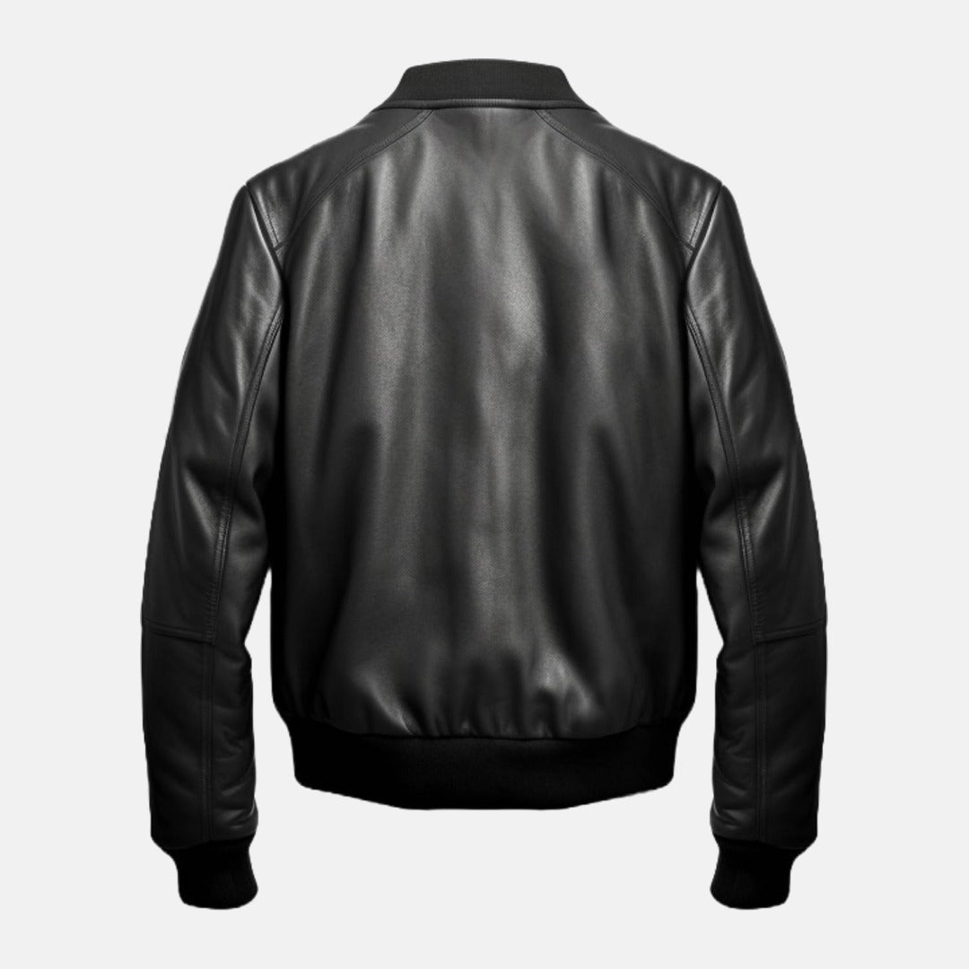 Men's Black Leather Bomber Jacket, back view