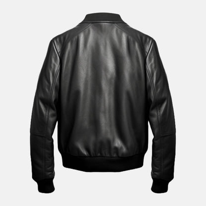 Men's Black Leather Bomber Jacket, back view