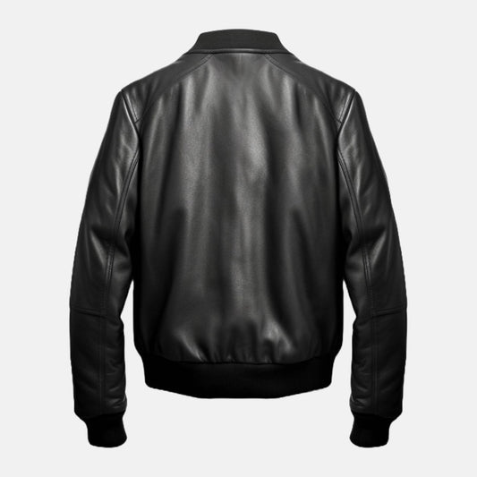 Men's Black Leather Bomber Jacket, back view