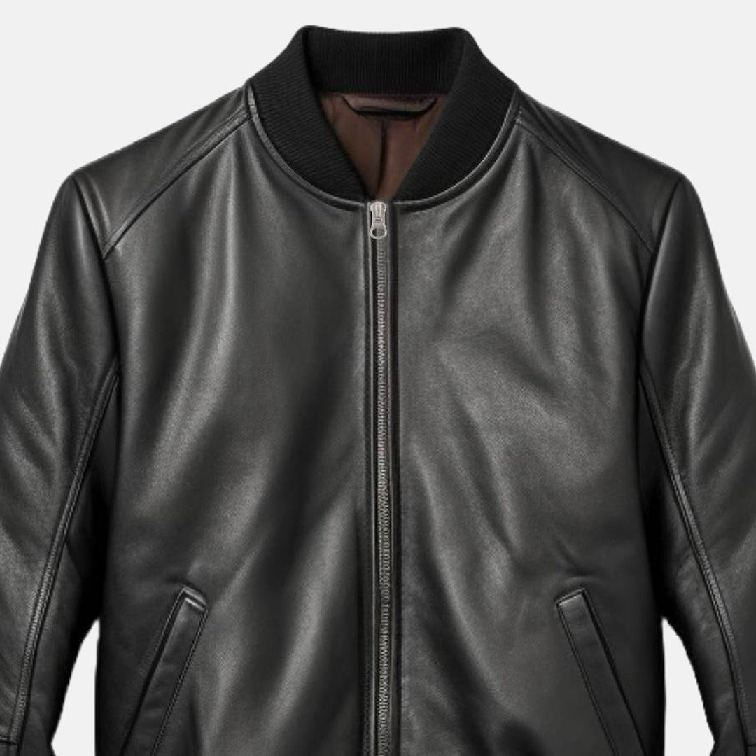 Men's Black Leather Bomber Jacket, close-up of ribbed collar and zip
