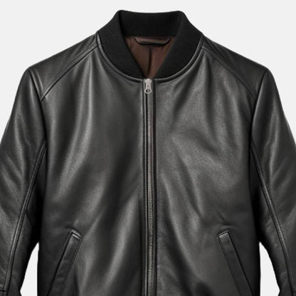 Men's Black Leather Bomber Jacket, close-up of ribbed collar and zip