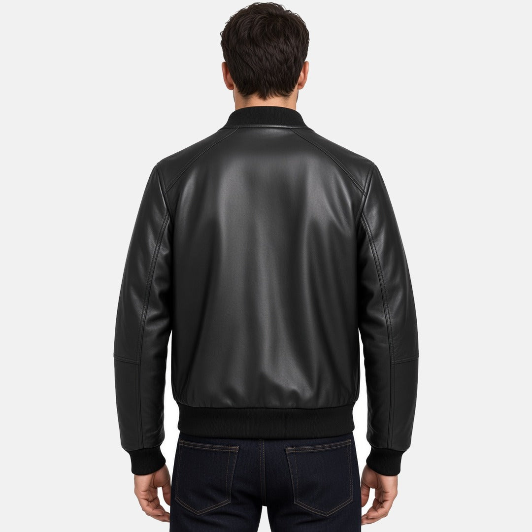 Men's Black Leather Bomber Jacket, back view on model