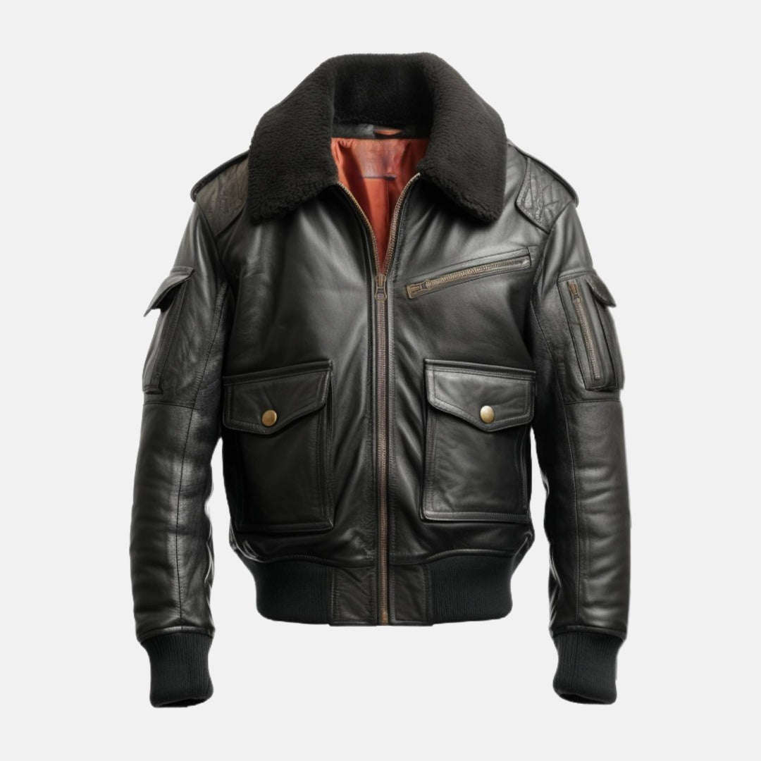 Men's Black Leather Flight Bomber Jacket with Faux Fur Collar, front view