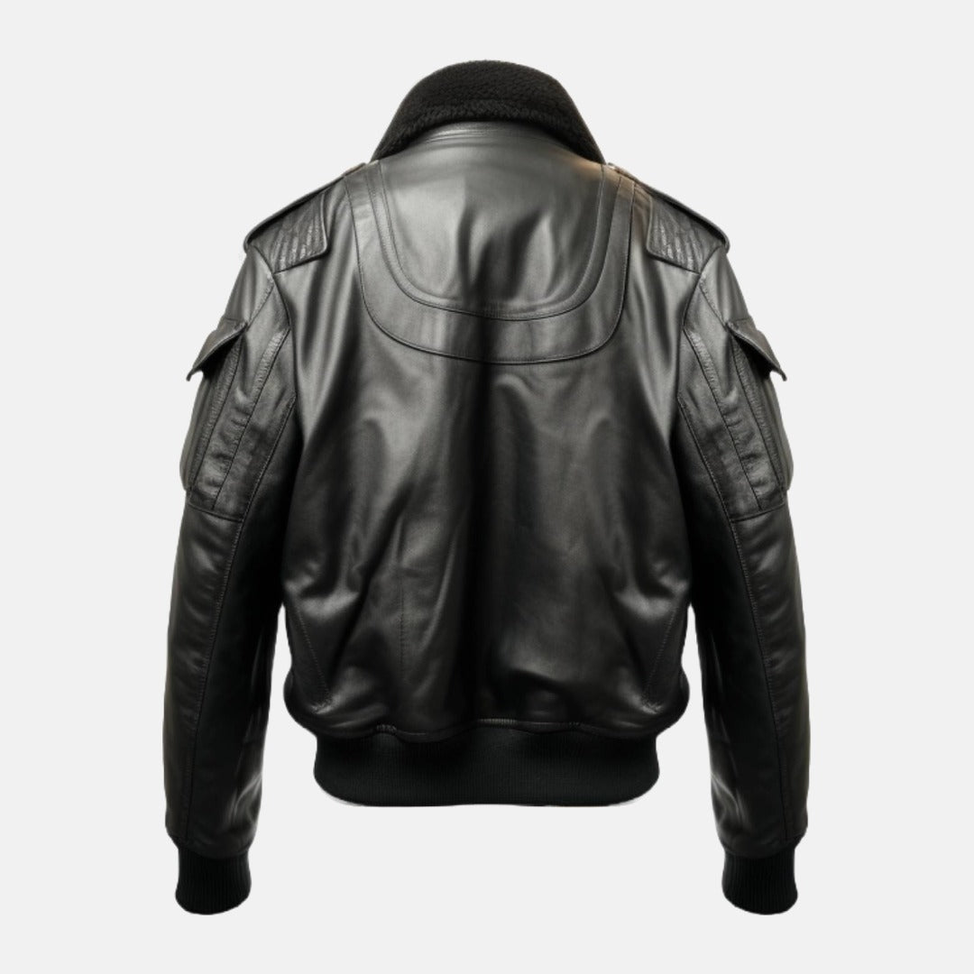 Men's Black Leather Flight Bomber Jacket with Faux Fur Collar, back view