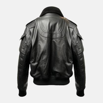 Men's Black Leather Flight Bomber Jacket with Faux Fur Collar, back view