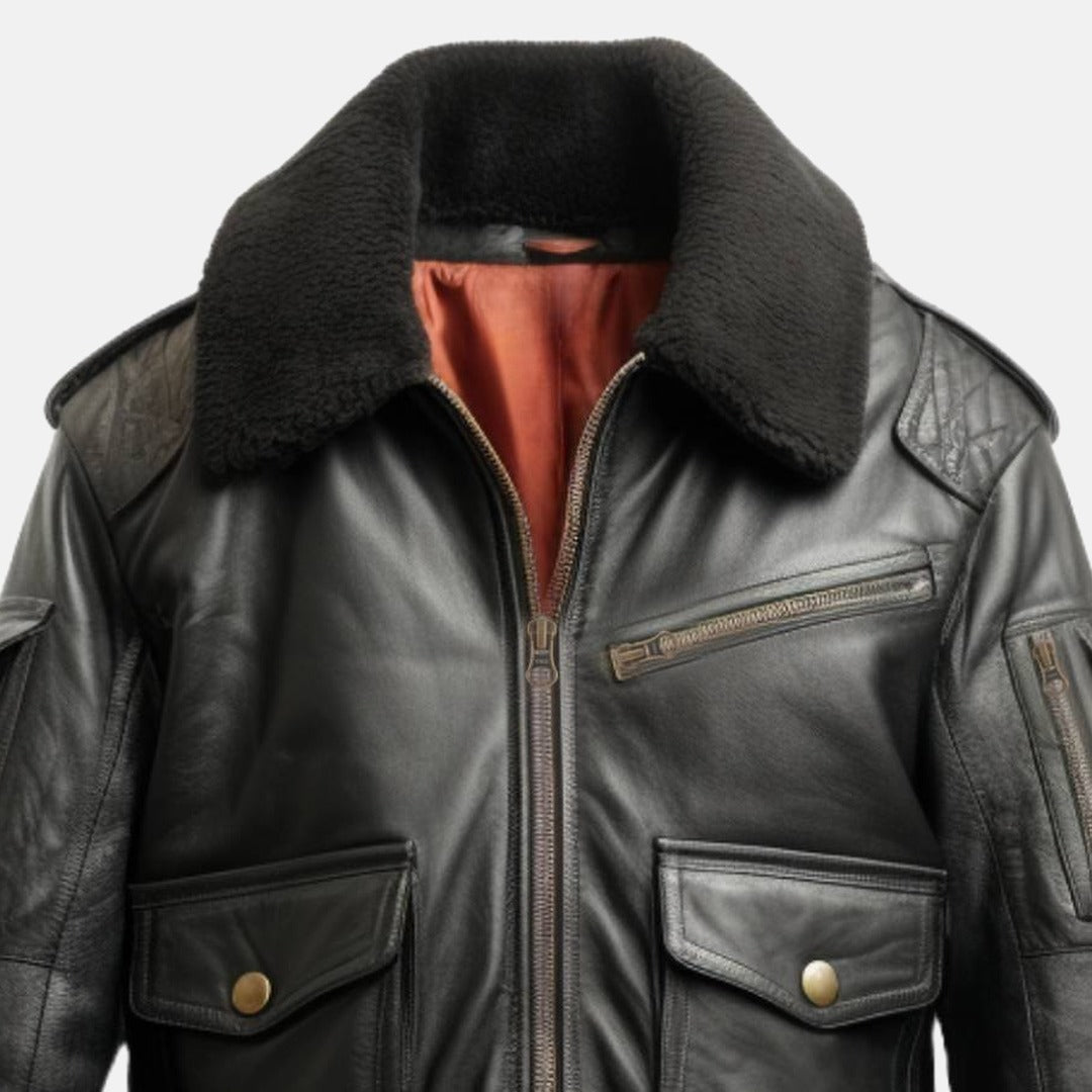 Men's Black Leather Flight Bomber Jacket with Faux Fur Collar, close-up of faux fur collar