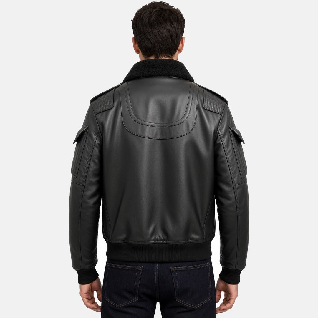 Men's Black Leather Flight Bomber Jacket with Faux Fur Collar, back view on model