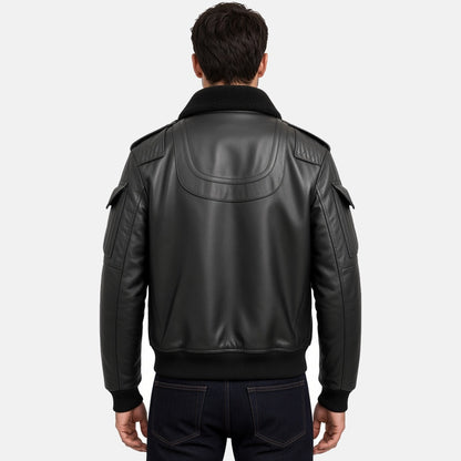 Men's Black Leather Flight Bomber Jacket with Faux Fur Collar, back view on model