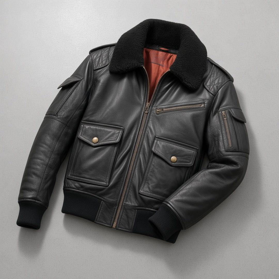 Men's Black Leather Flight Bomber Jacket with Faux Fur Collar, flat lay on grey concrete