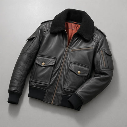 Men's Black Leather Flight Bomber Jacket with Faux Fur Collar, flat lay on grey concrete