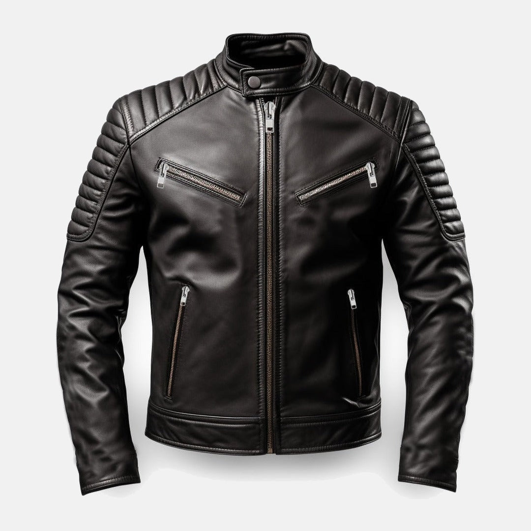 Men's Black Leather Moto Biker Jacket, front view