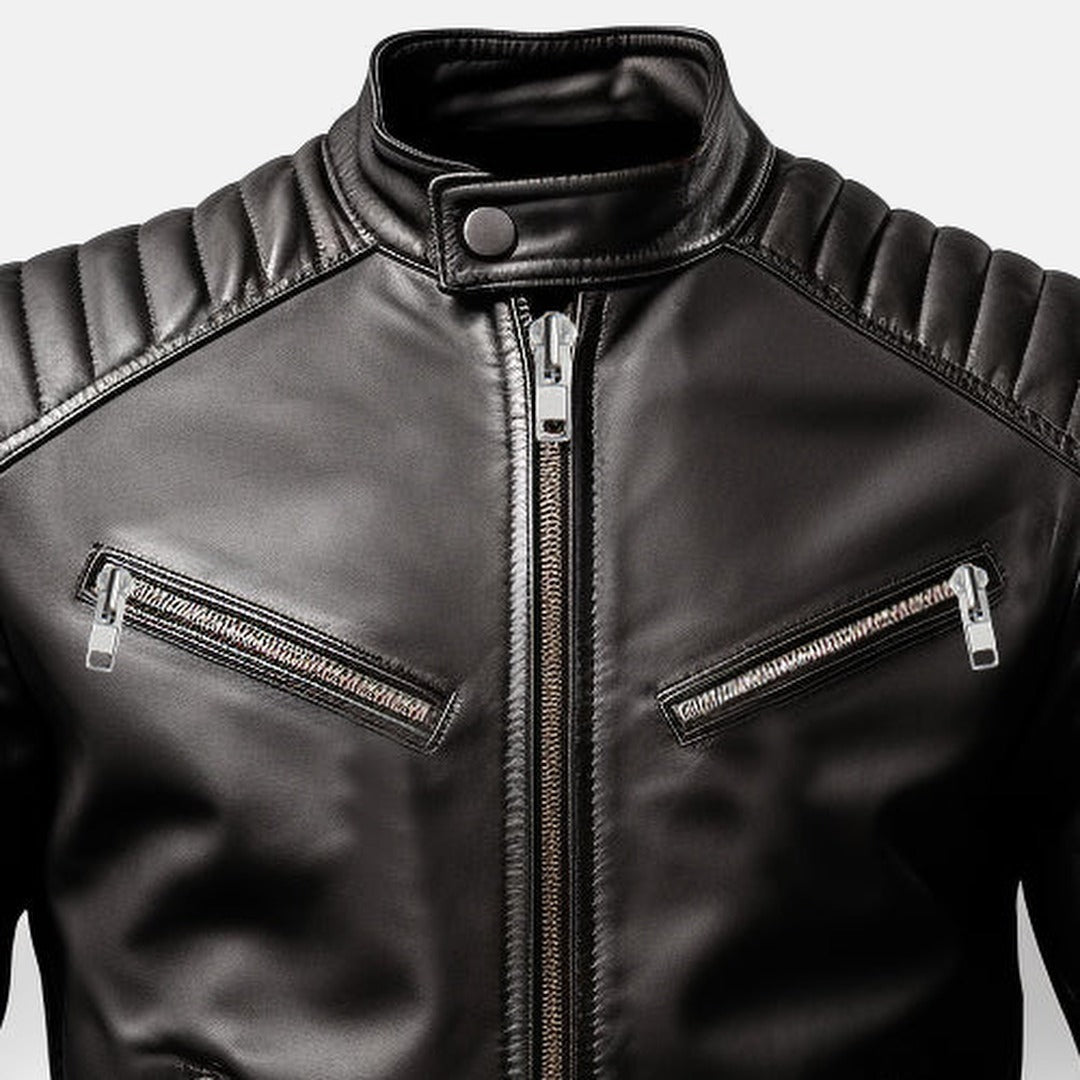 Men's Black Leather Moto Biker Jacket, close-up of snap-tab stand collar and chest zip pockets
