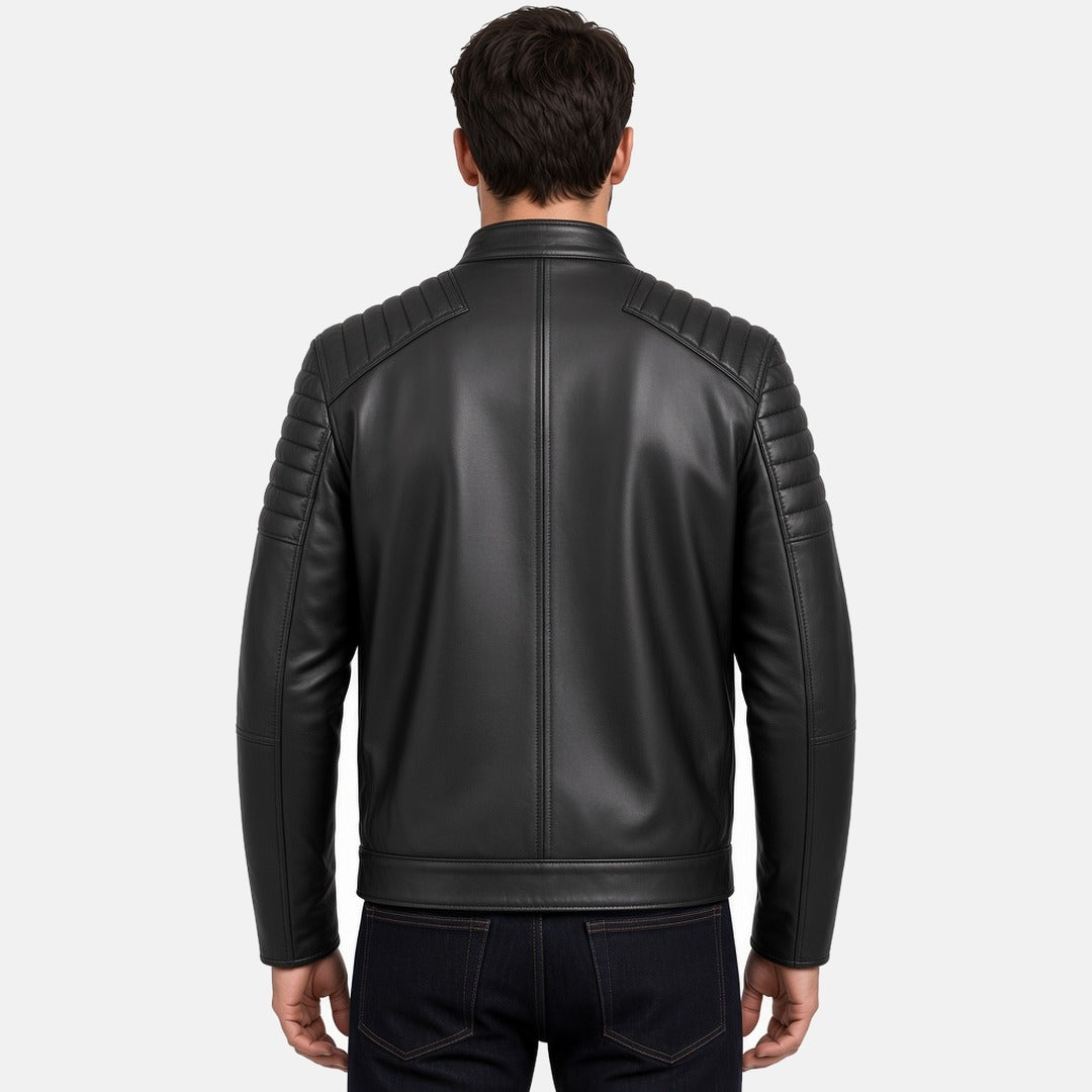 Men's Black Leather Moto Biker Jacket, back view on model