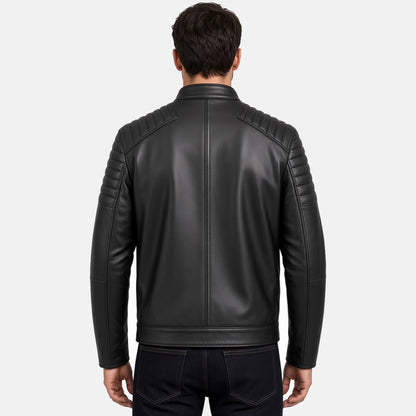 Men's Black Leather Moto Biker Jacket, back view on model