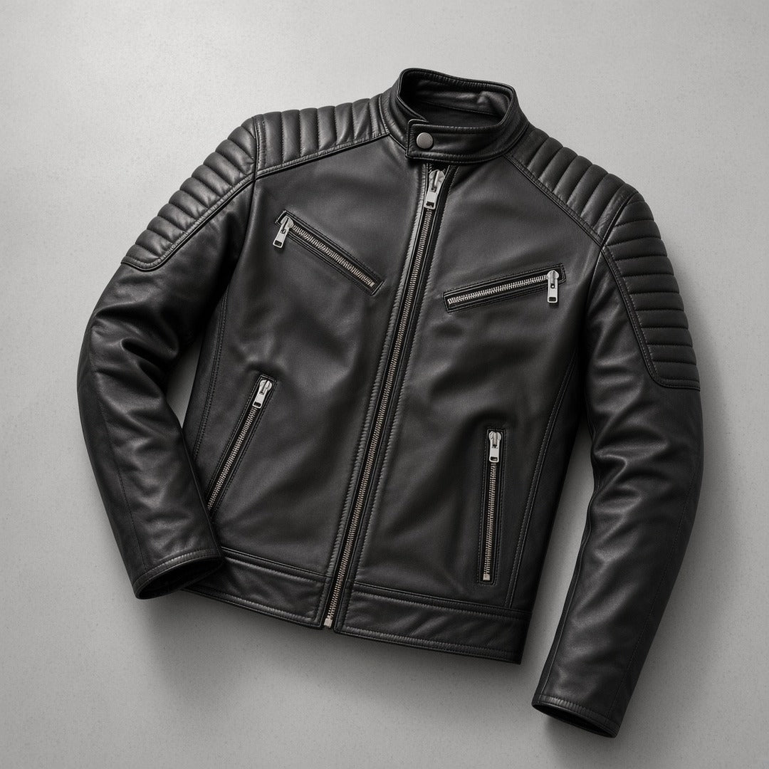 Men's Black Leather Moto Biker Jacket, flat lay on grey concrete