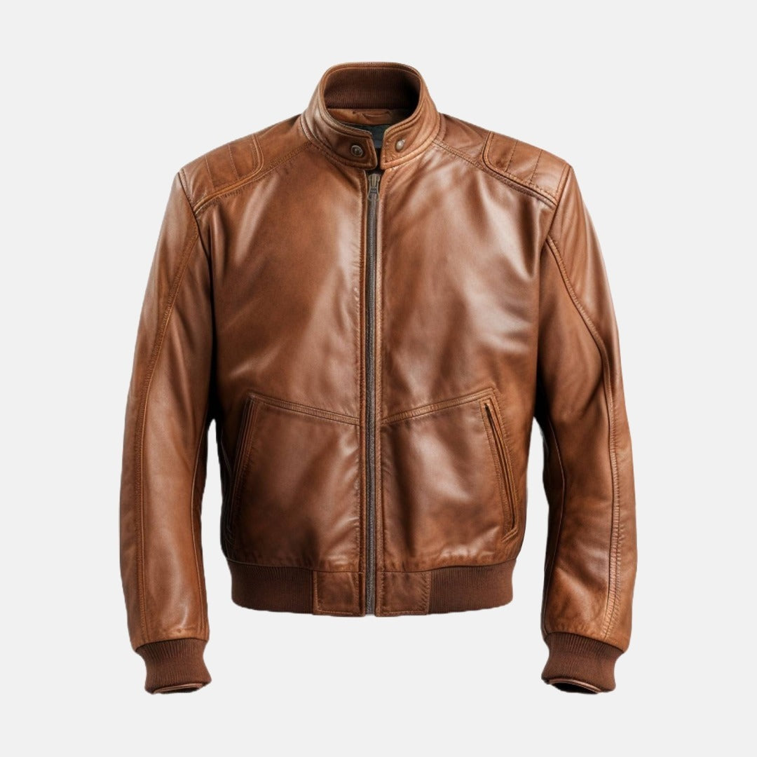 Men's Brown Leather Bomber Jacket with Stand Collar, front view