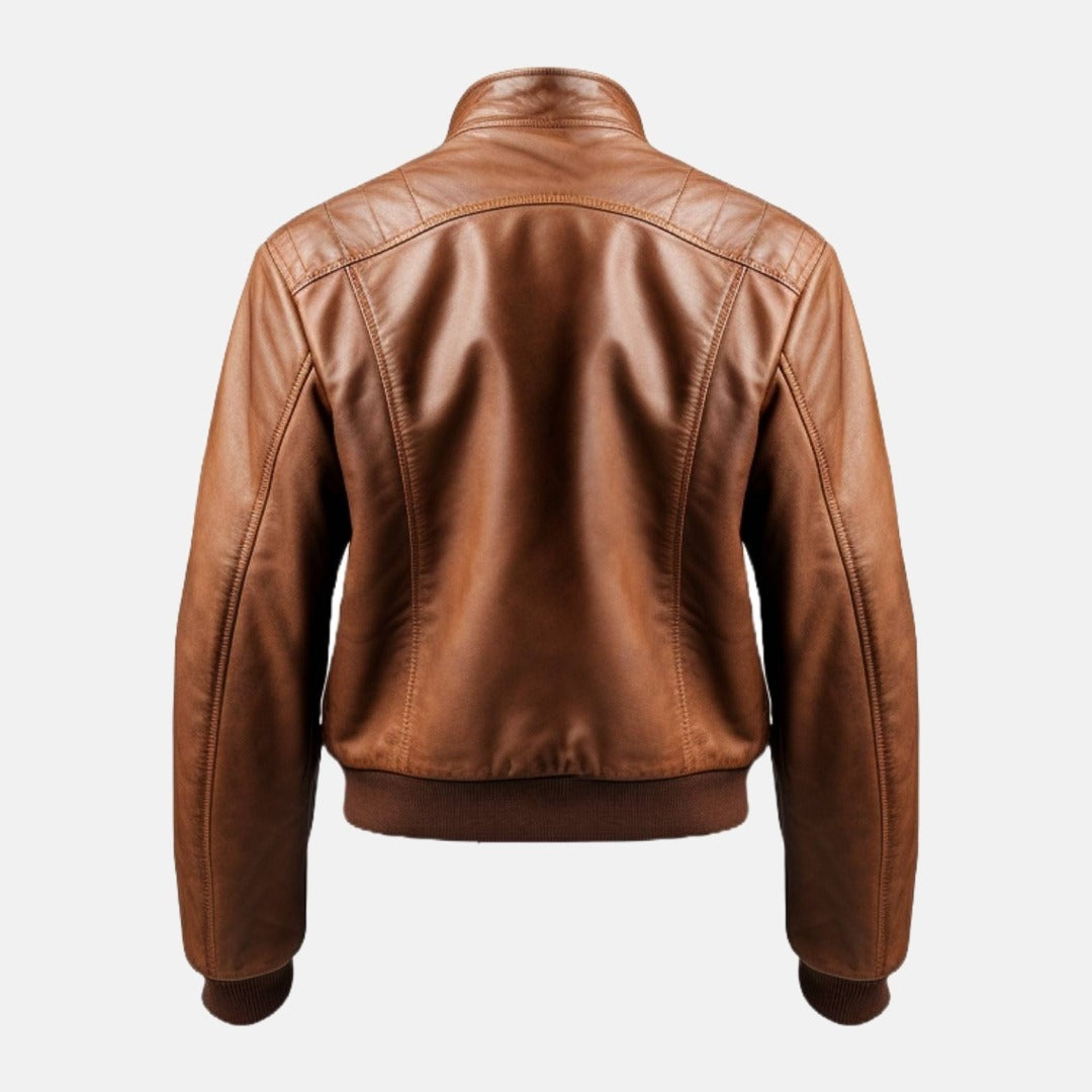 Men's Brown Leather Bomber Jacket with Stand Collar, back view