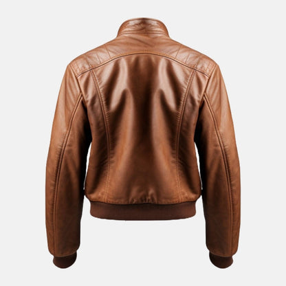 Men's Brown Leather Bomber Jacket with Stand Collar, back view