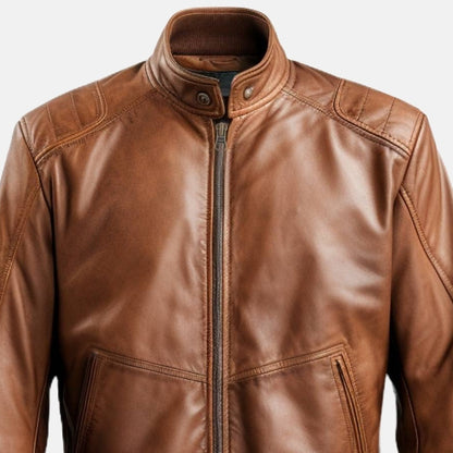 Men's Brown Leather Bomber Jacket with Stand Collar, close-up of stand collar and zip