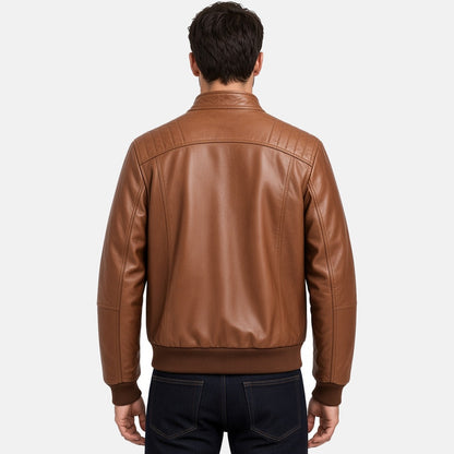 Men's Brown Leather Bomber Jacket with Stand Collar, back view on model