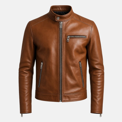 Men's Brown Leather Cafe Racer Biker Jacket, front view