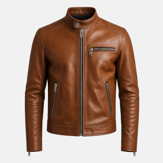 Men's Brown Leather Cafe Racer Biker Jacket, front view