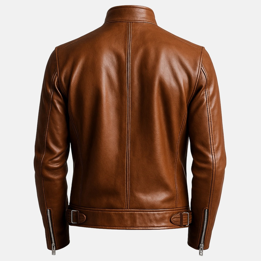 Men's Brown Leather Cafe Racer Biker Jacket, back view