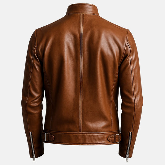 Men's Brown Leather Cafe Racer Biker Jacket, back view