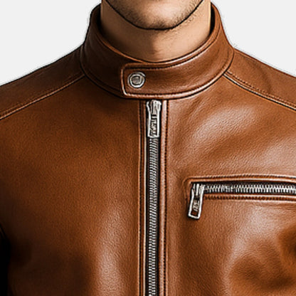 Men's Brown Leather Cafe Racer Biker Jacket, close-up of snap-tab band collar and chest zip pocket