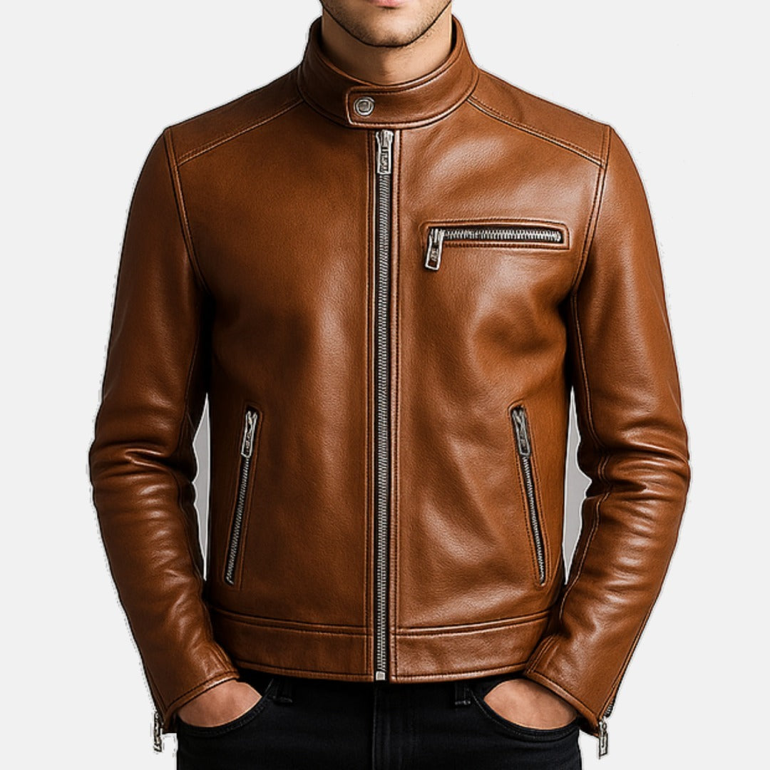 Men's Brown Leather Cafe Racer Biker Jacket, front view on model