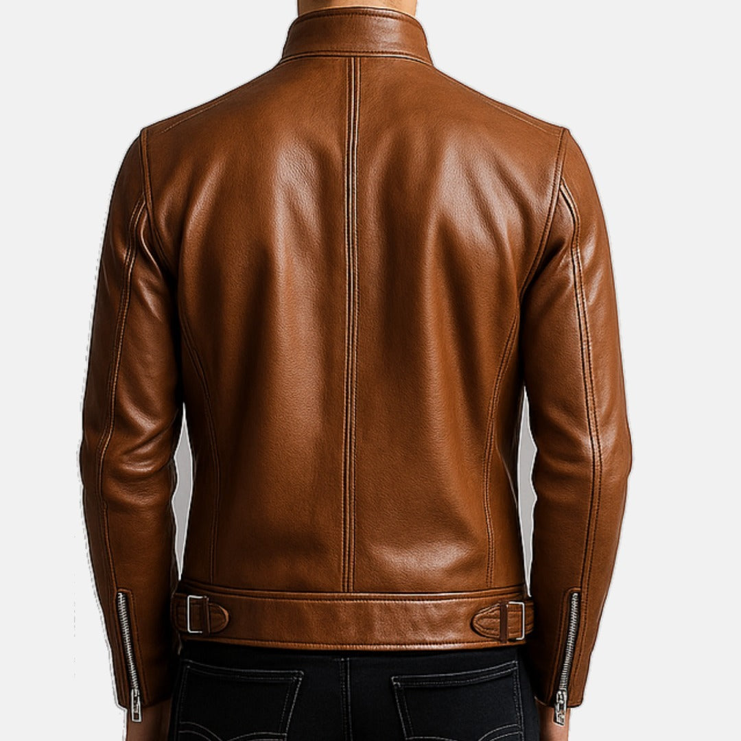 Men's Brown Leather Cafe Racer Biker Jacket, back view on model