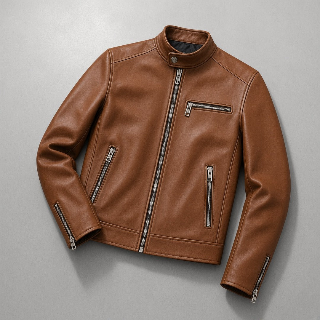 Men's Brown Leather Cafe Racer Biker Jacket, flat lay on grey concrete