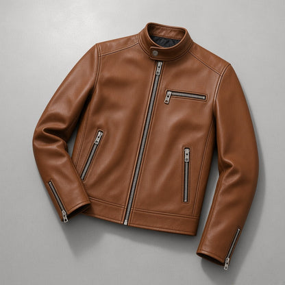 Men's Brown Leather Cafe Racer Biker Jacket, flat lay on grey concrete