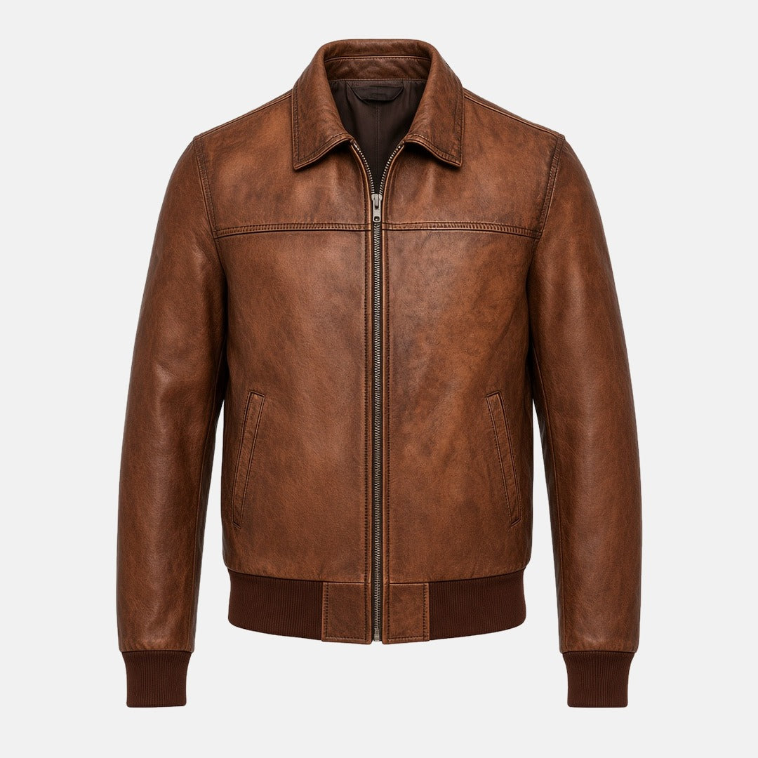Men's Vintage Distressed Brown Leather Bomber Jacket, front view