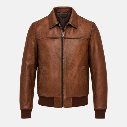 Men's Vintage Distressed Brown Leather Bomber Jacket, front view